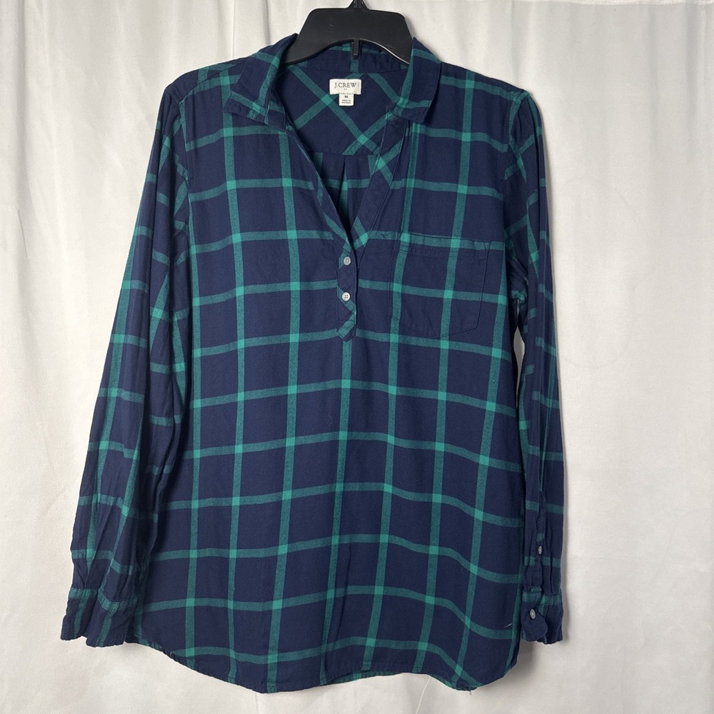 J. Crew Size M Blue/Green Plaid Flannel Popover Tunic Top Long Sleeve